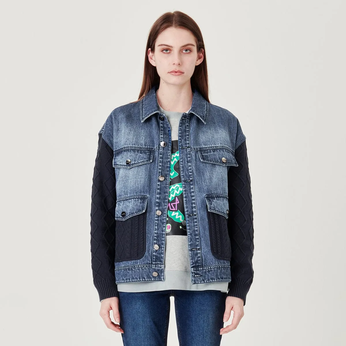 Couple knitted stitching denim jacket