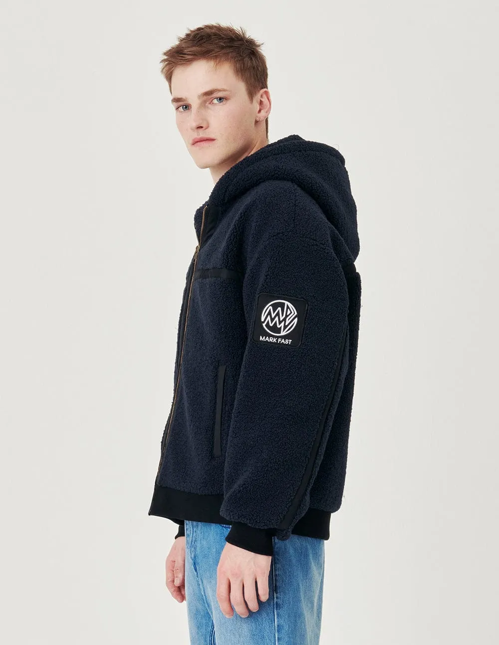 Couple Style Navy Blue Fleece Hooded Casual Jacket