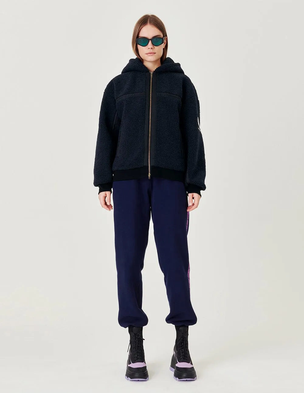 Couple Style Navy Blue Fleece Hooded Casual Jacket