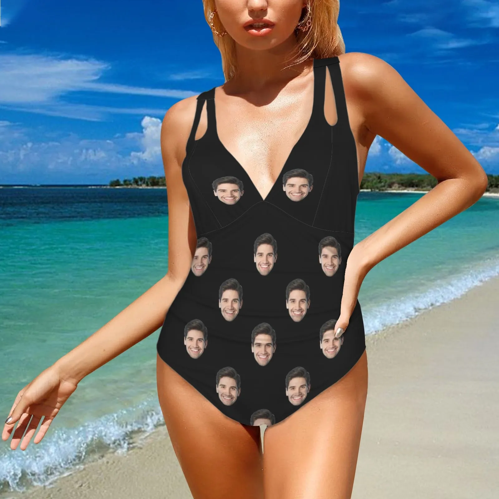 Custom Face Boyfriend Women's Deep V Neck Cross Back Tie One Piece Swimsuit Custom Picture Bathing Suit