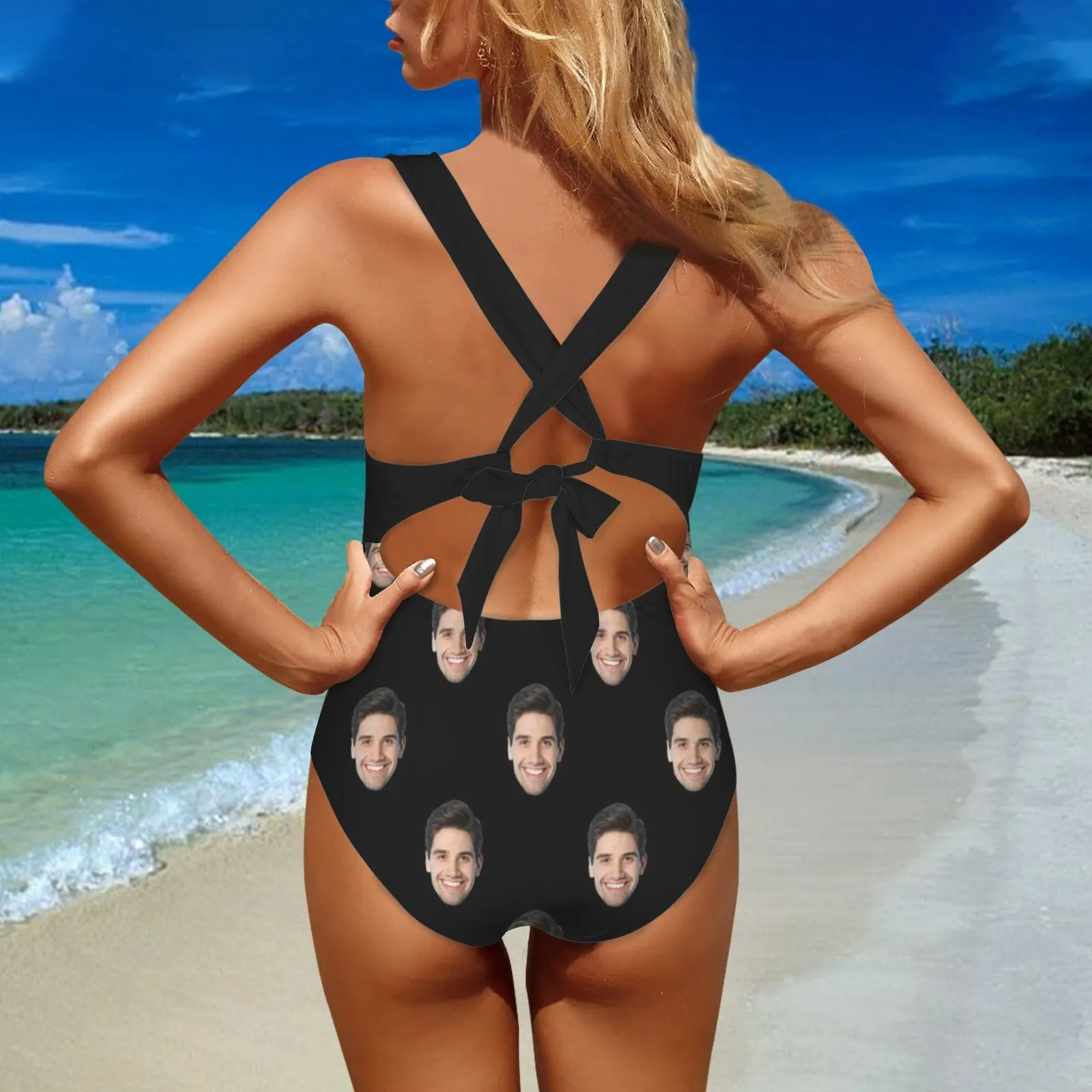 Custom Face Boyfriend Women's Deep V Neck Cross Back Tie One Piece Swimsuit Custom Picture Bathing Suit
