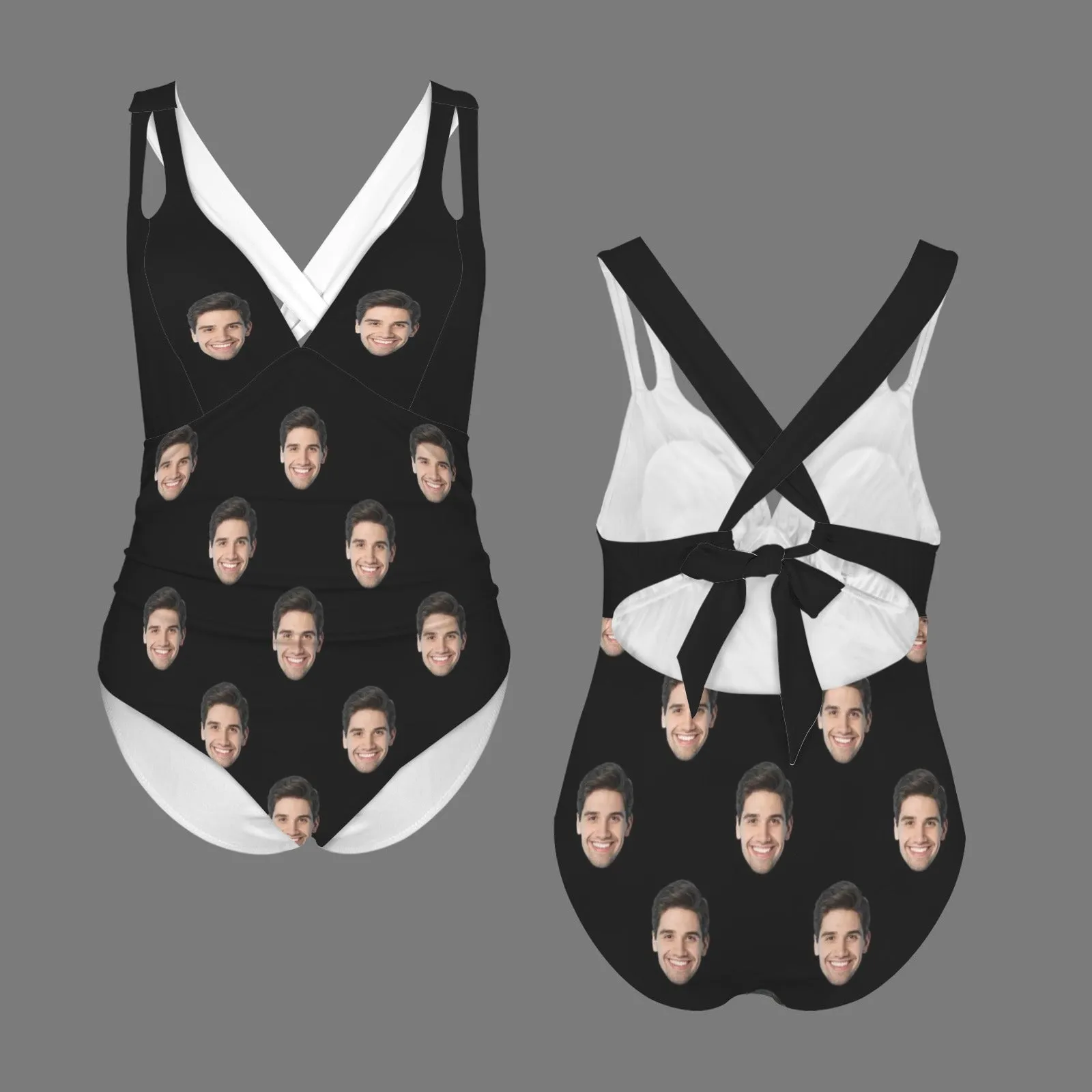 Custom Face Boyfriend Women's Deep V Neck Cross Back Tie One Piece Swimsuit Custom Picture Bathing Suit