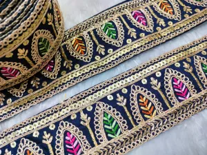 Dark Blue & Golden Fancy Zari Embellished Trim