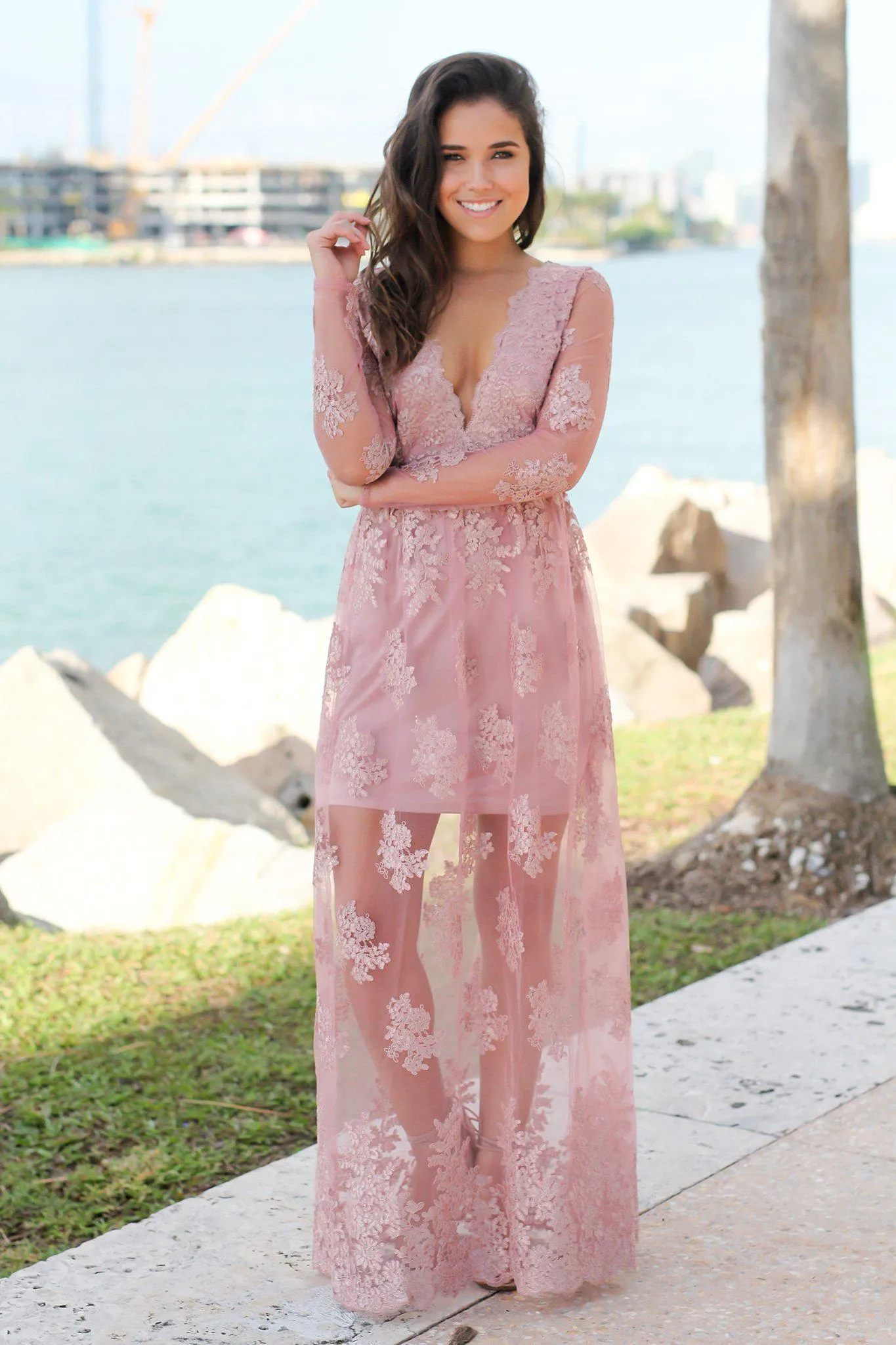 Dusty Rose Embroidered Maxi Dress with Long Sleeves