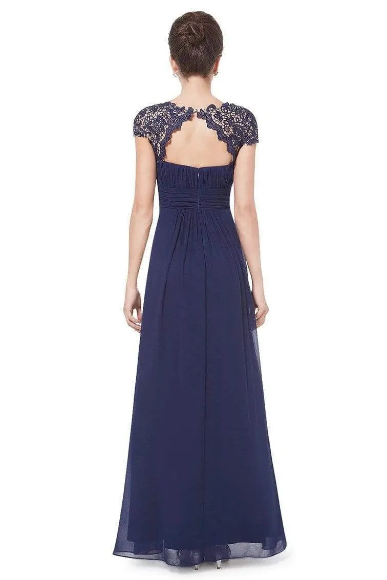 Elegant Lace Cap Sleeve Chiffon Evening Gowns Open Back Bateau Long Prom Dresses SWK15170