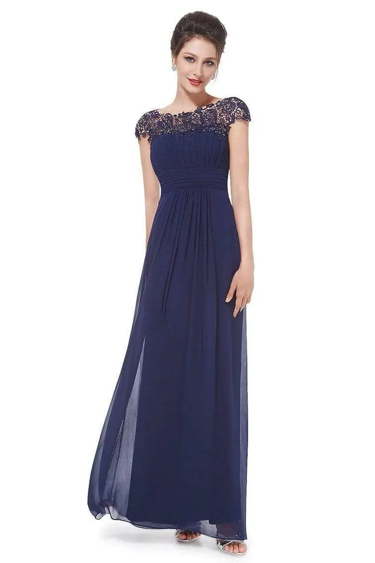Elegant Lace Cap Sleeve Chiffon Evening Gowns Open Back Bateau Long Prom Dresses SWK15170