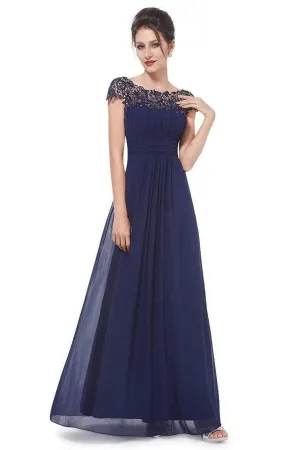 Elegant Lace Cap Sleeve Chiffon Evening Gowns Open Back Bateau Long Prom Dresses SWK15170