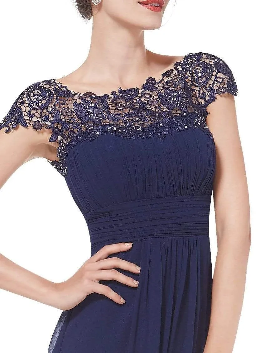 Elegant Lace Cap Sleeve Chiffon Evening Gowns Open Back Bateau Long Prom Dresses SWK15170