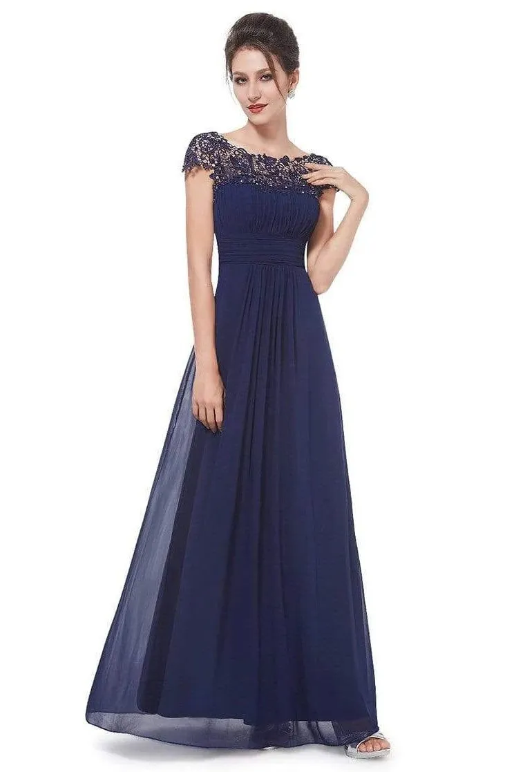 Elegant Lace Cap Sleeve Chiffon Evening Gowns Open Back Bateau Long Prom Dresses SWK15170