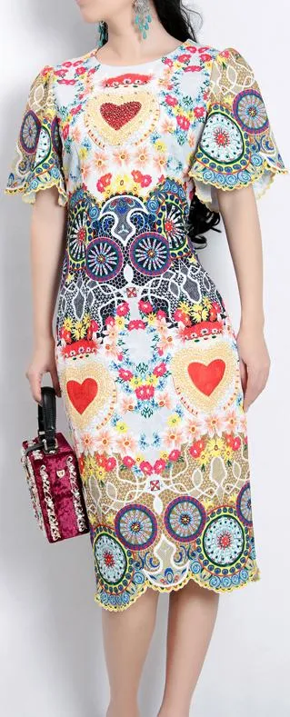Embroidered Multi Colored Scalloped-Trim Dress