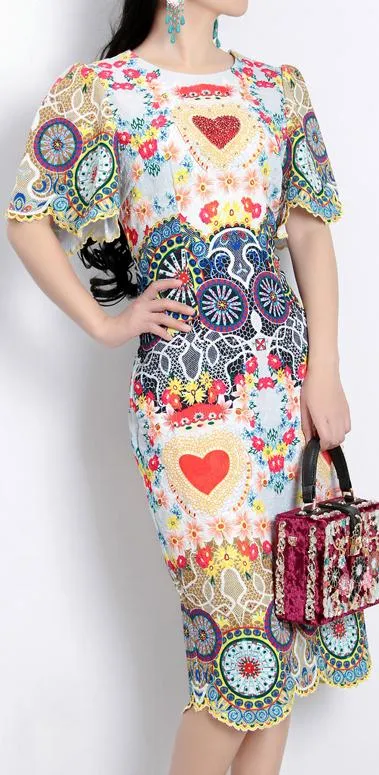 Embroidered Multi Colored Scalloped-Trim Dress