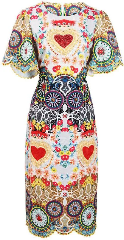 Embroidered Multi Colored Scalloped-Trim Dress