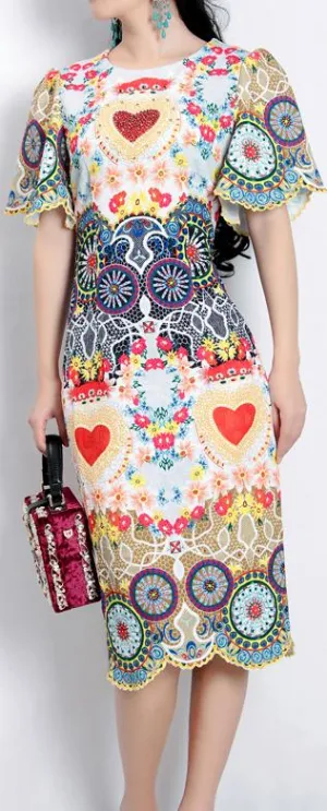 Embroidered Multi Colored Scalloped-Trim Dress