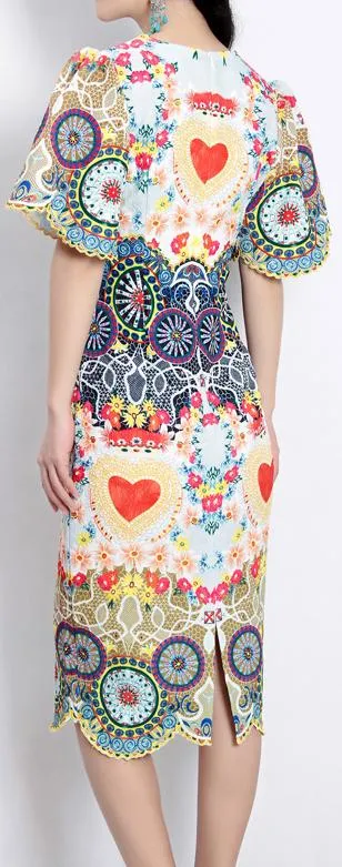 Embroidered Multi Colored Scalloped-Trim Dress