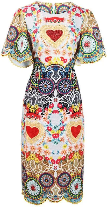 Embroidered Multi Colored Scalloped-Trim Dress