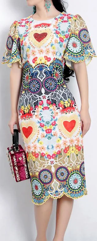 Embroidered Multi Colored Scalloped-Trim Dress