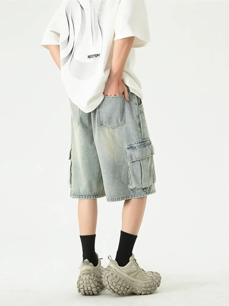 Faded Denim Bermuda Shorts with Cargo Pockets
