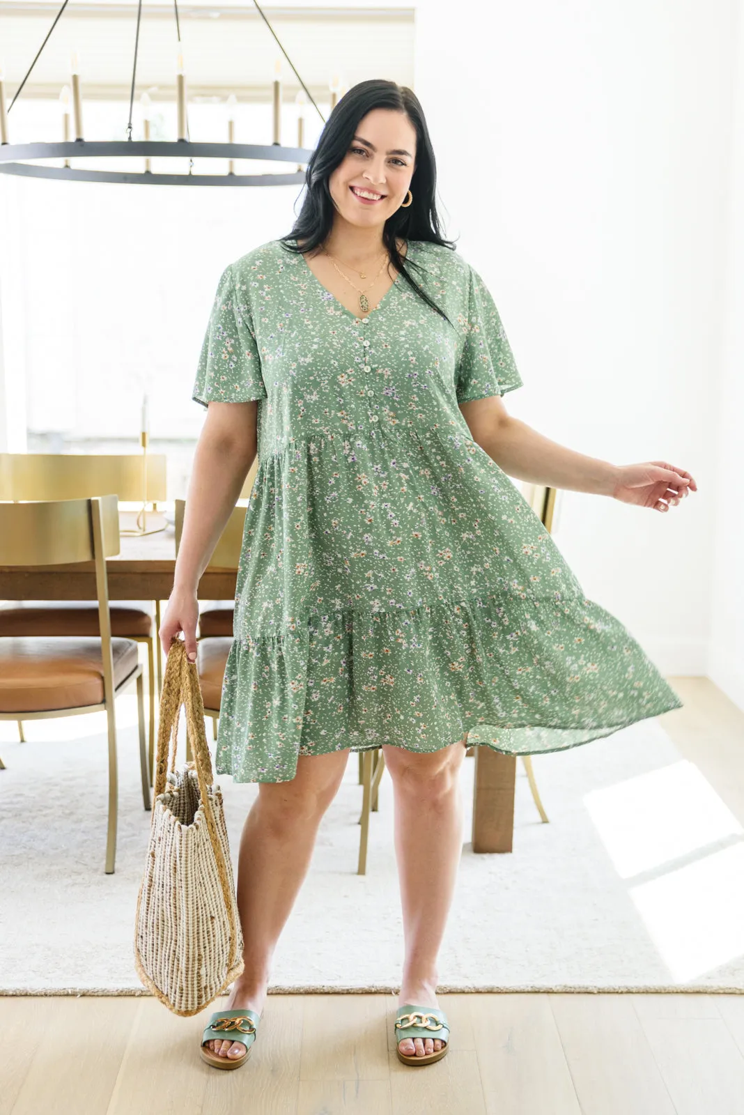 Field of Sage Tiered Floral Dress