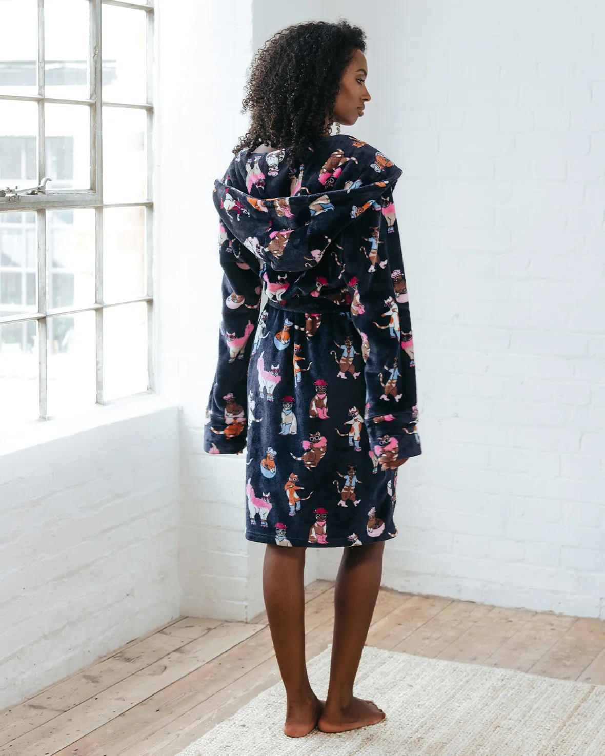 Fleece Disco Cats Print Dressing Gown