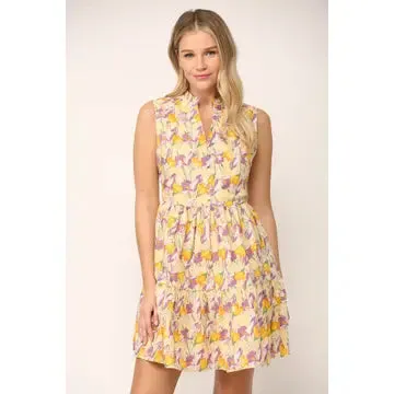 Floral Embroidered Frill Neck Sleeveless Dress