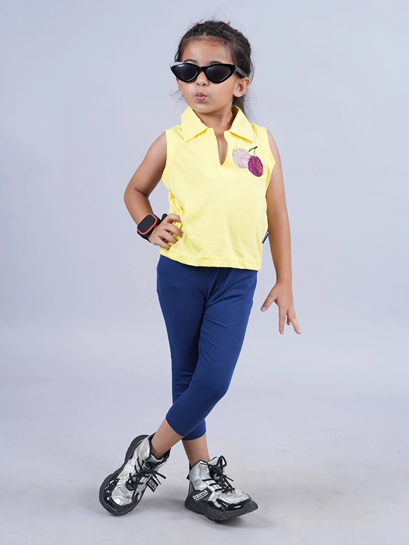 Girls Cropped Polo Tee & Printed Capri Legging Set