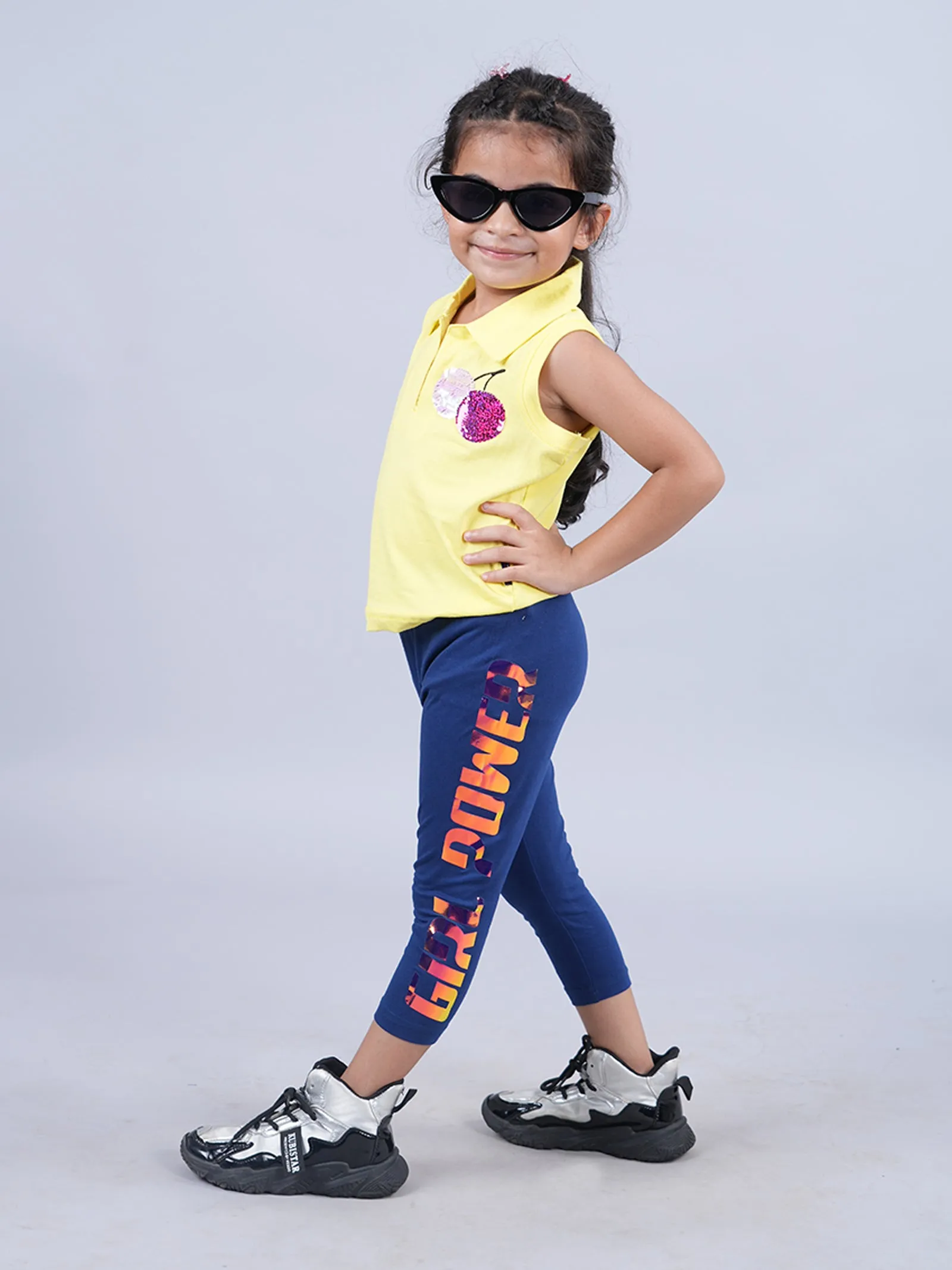 Girls Cropped Polo Tee & Printed Capri Legging Set