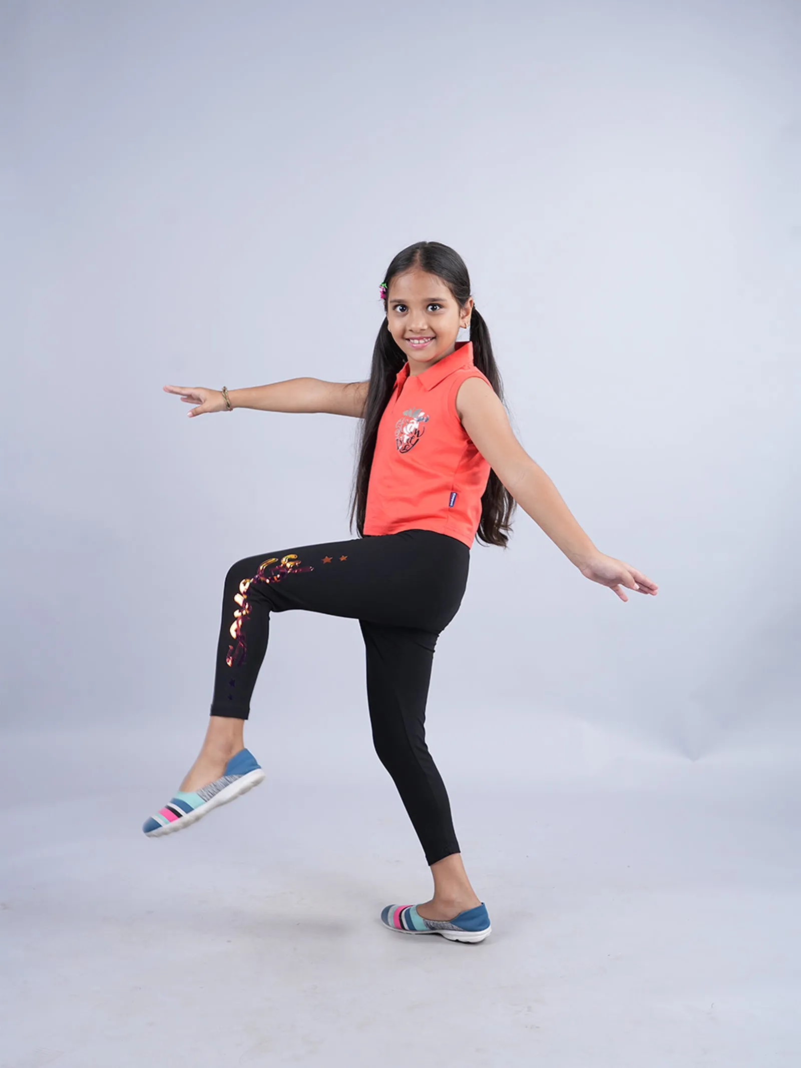 Girls Cropped Polo Tee & Printed Capri Legging Set