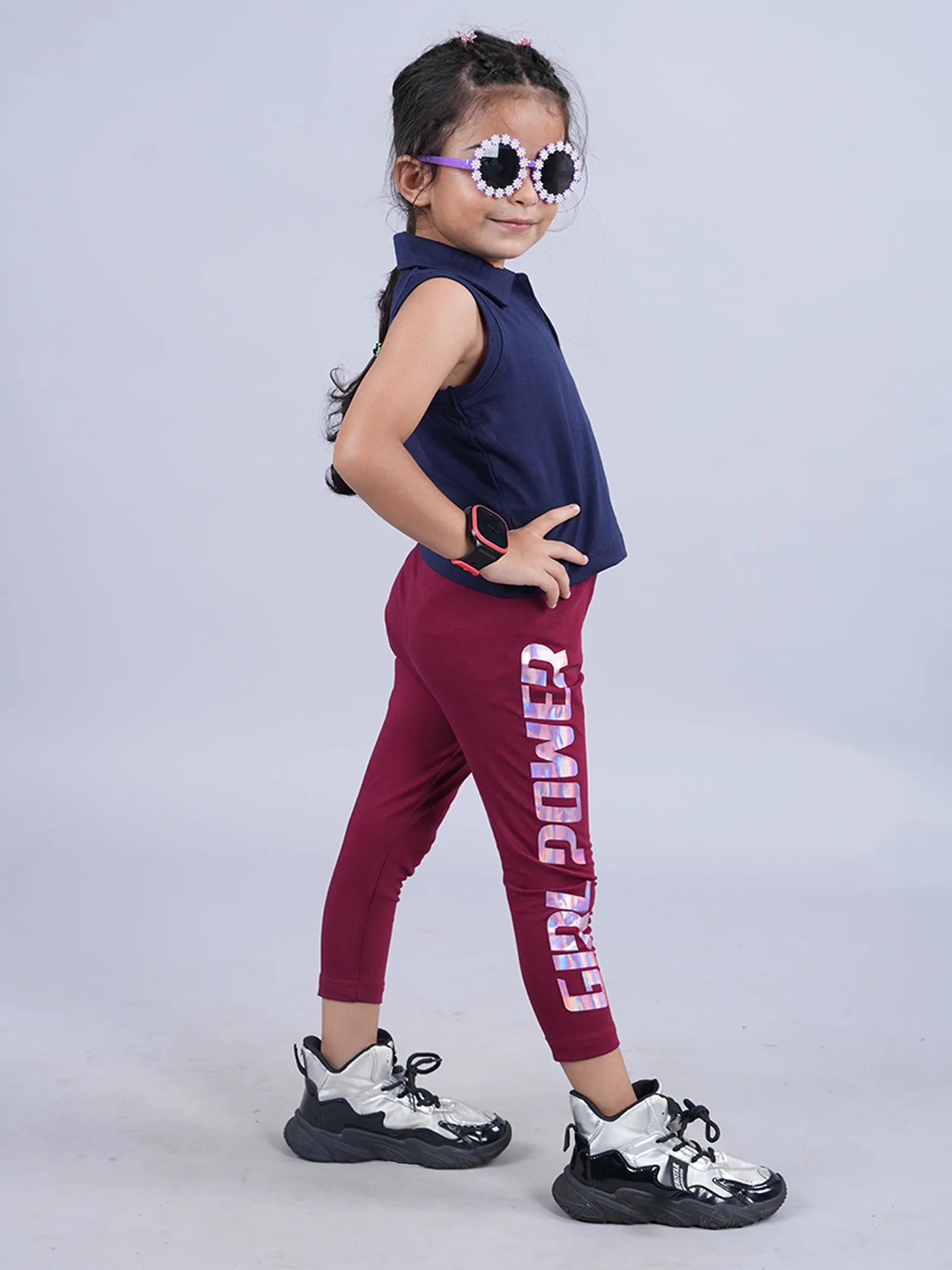 Girls Cropped Polo Tee & Printed Capri Legging Set