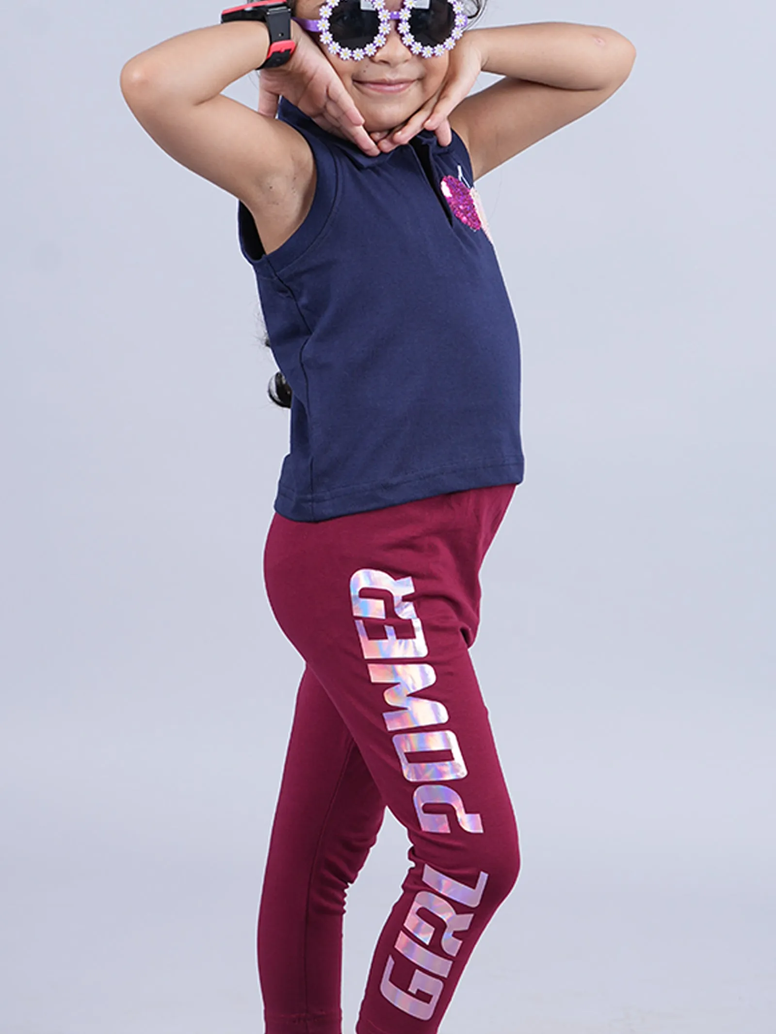 Girls Cropped Polo Tee & Printed Capri Legging Set