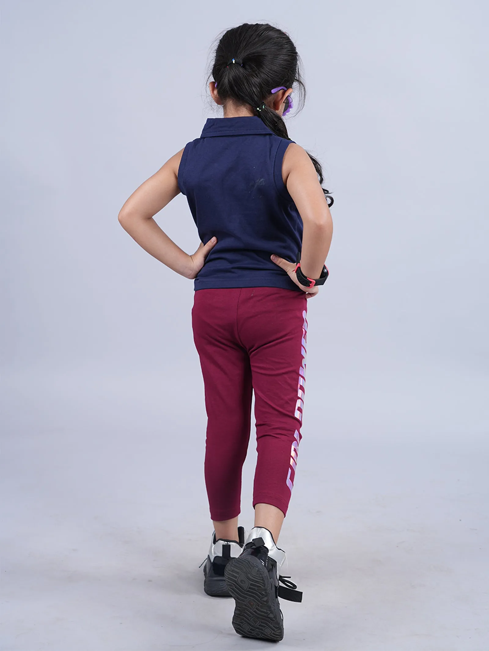 Girls Cropped Polo Tee & Printed Capri Legging Set
