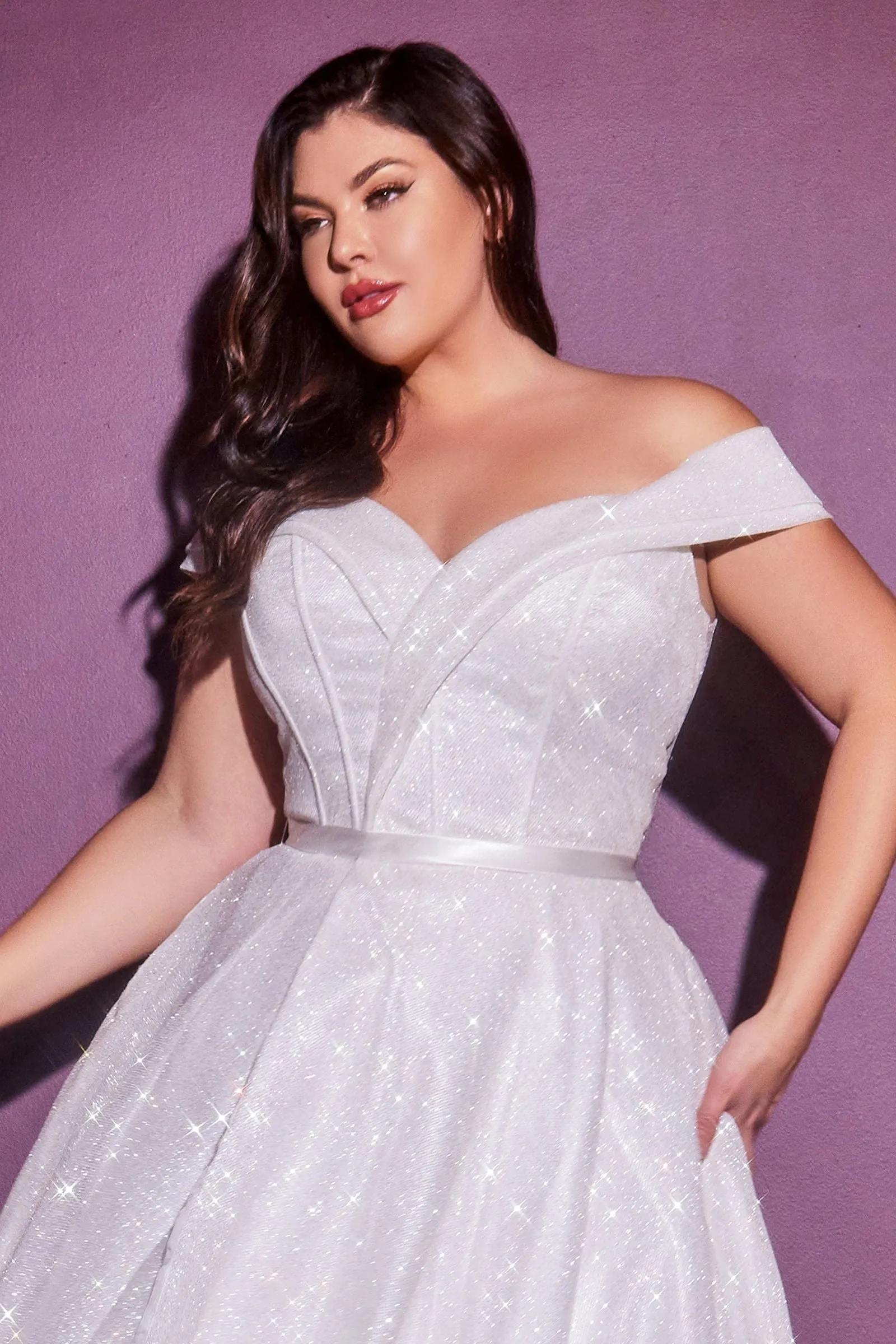 Glitter Off shoulder Plus Size Structured Corset With Cap Sleeves Leg Slit Long Wedding Dress CDCD214WC