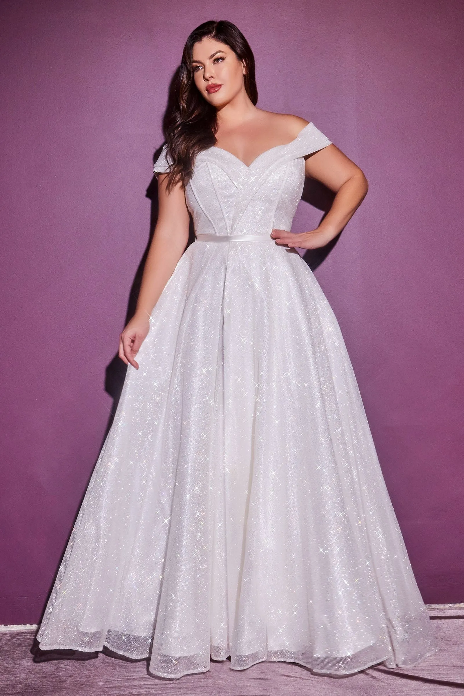 Glitter Off shoulder Plus Size Structured Corset With Cap Sleeves Leg Slit Long Wedding Dress CDCD214WC