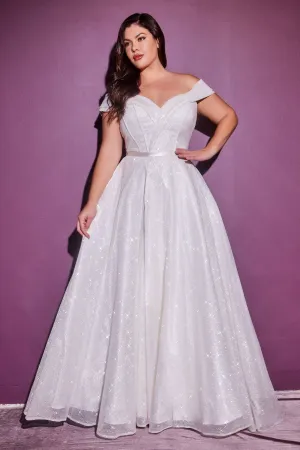 Glitter Off shoulder Plus Size Structured Corset With Cap Sleeves Leg Slit Long Wedding Dress CDCD214WC
