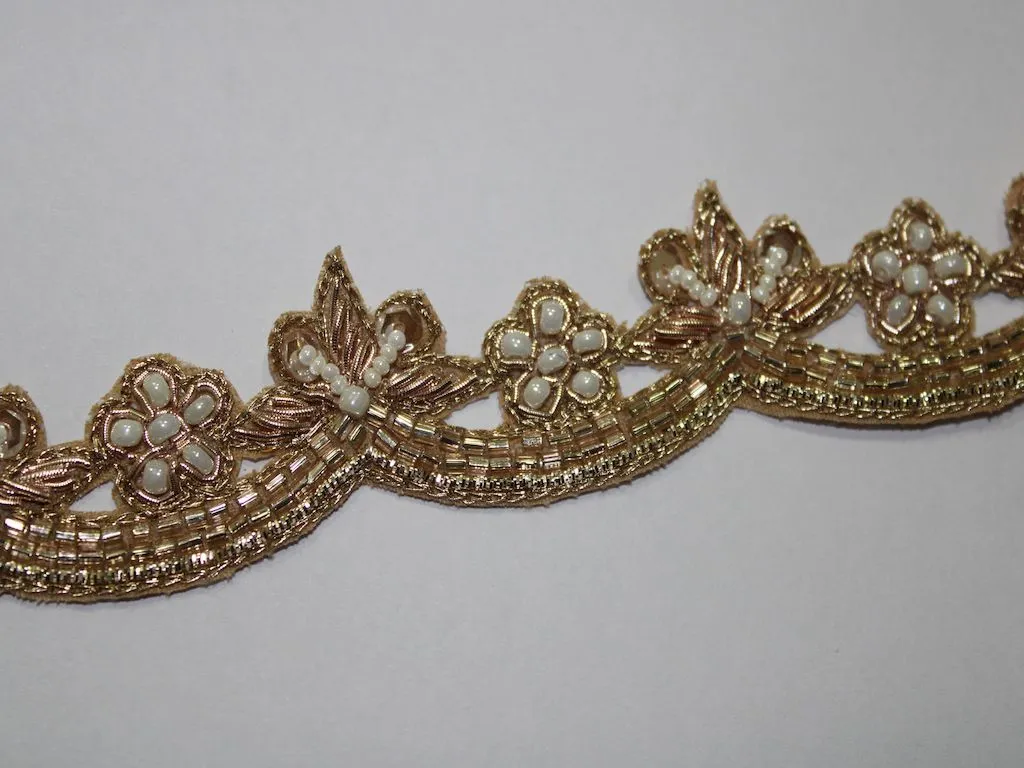 Golden White Beads Handwork Embellished Embroidered Border