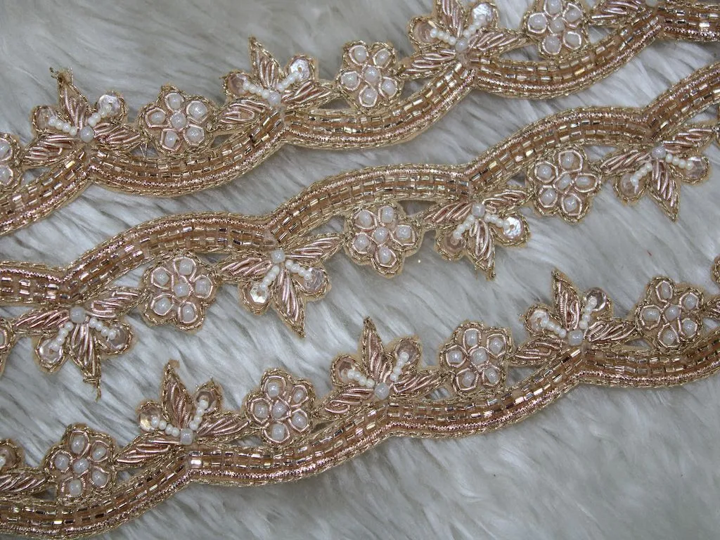 Golden White Cutdana Beads and Pearl Work Embroidered Border