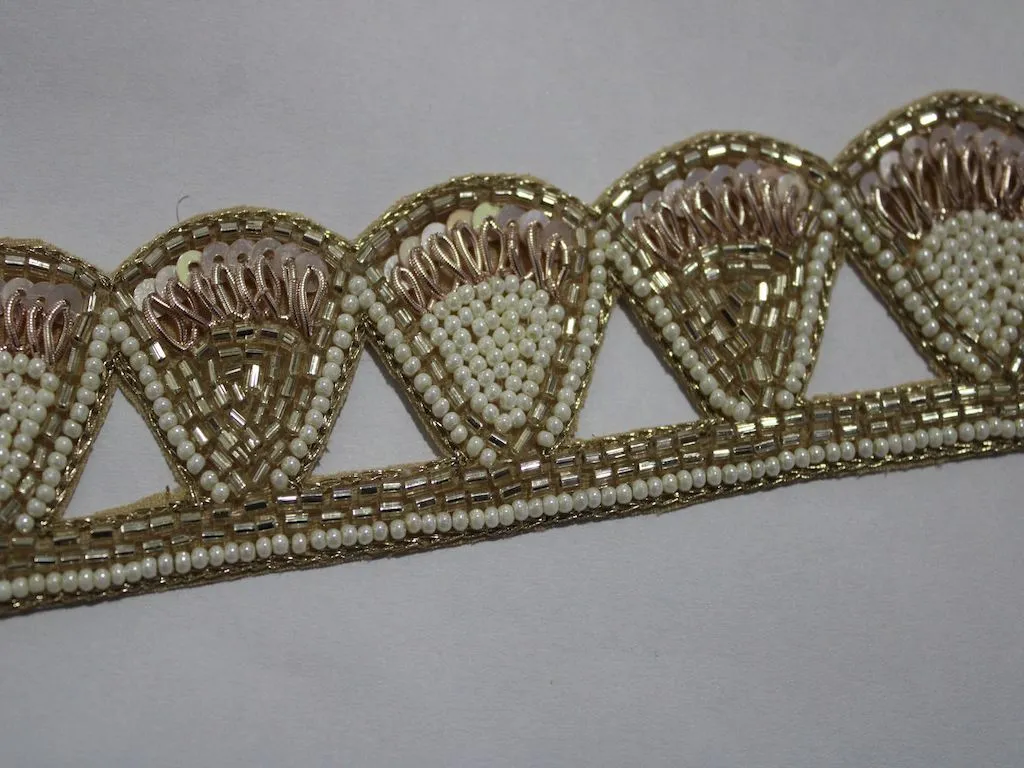 Golden White Stone and Beads Handwork Embellished Embroidered Border