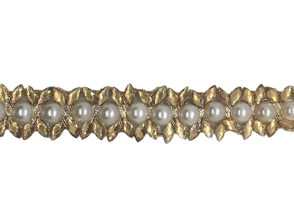 Golden White Stone and Circular Pearl Work Embroidered Border