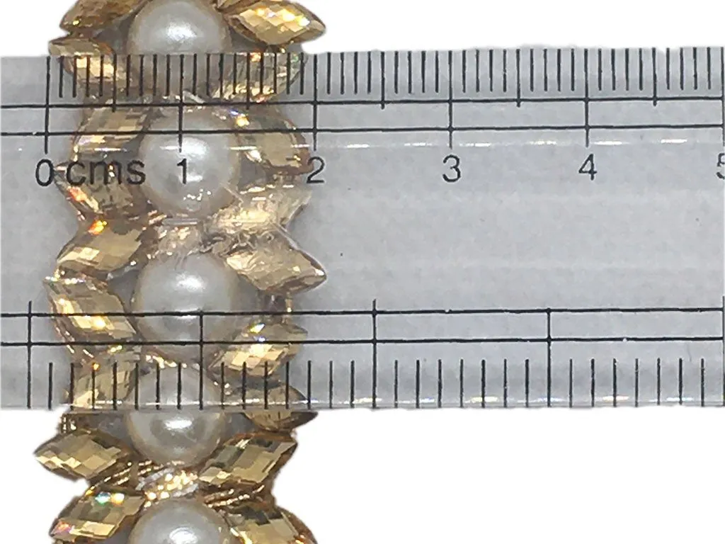 Golden White Stone and Circular Pearl Work Embroidered Border