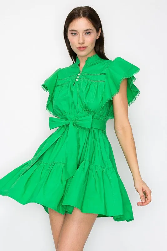 Green Cotton Flutter Sleeves Tiered Skirt With Belt Mini