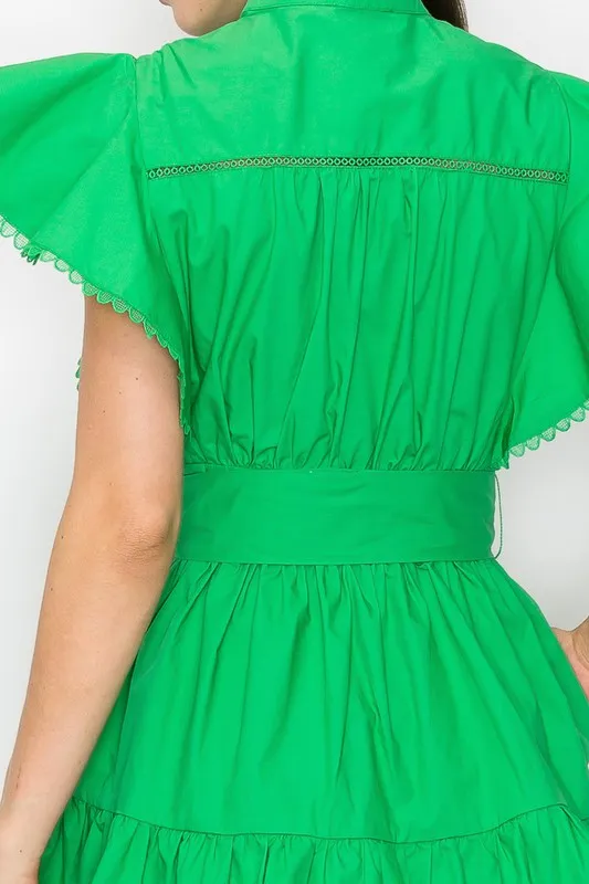 Green Cotton Flutter Sleeves Tiered Skirt With Belt Mini
