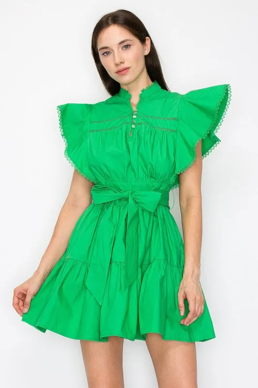 Green Cotton Flutter Sleeves Tiered Skirt With Belt Mini