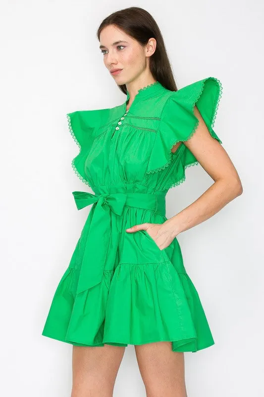 Green Cotton Flutter Sleeves Tiered Skirt With Belt Mini
