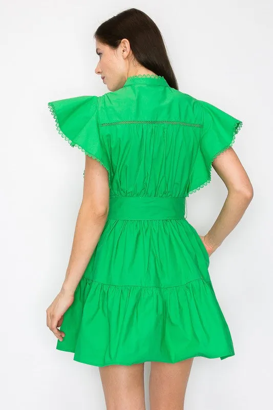 Green Cotton Flutter Sleeves Tiered Skirt With Belt Mini