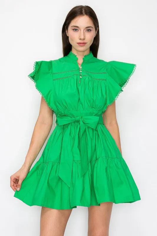 Green Cotton Flutter Sleeves Tiered Skirt With Belt Mini