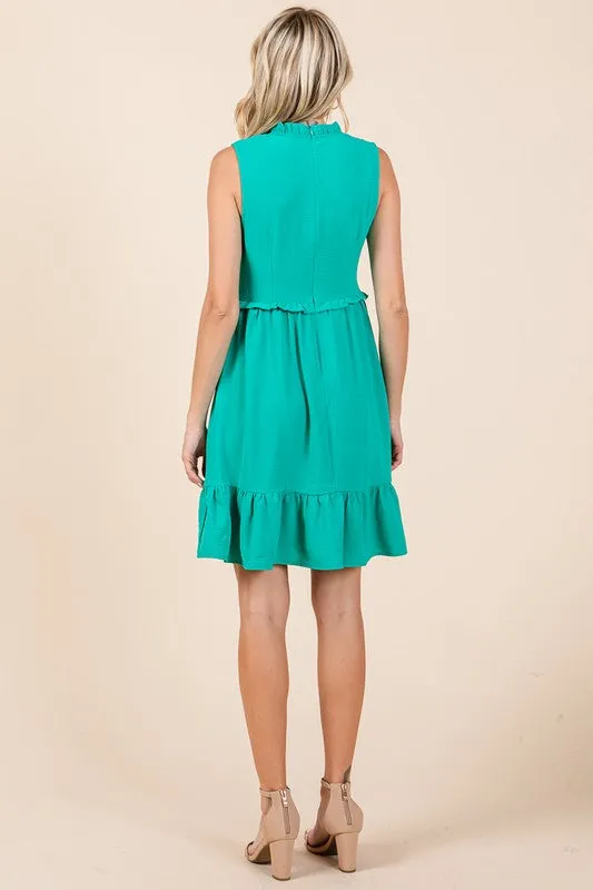 Green Sleeveless Smocked Ruffle Hem Shirred Mini Dress