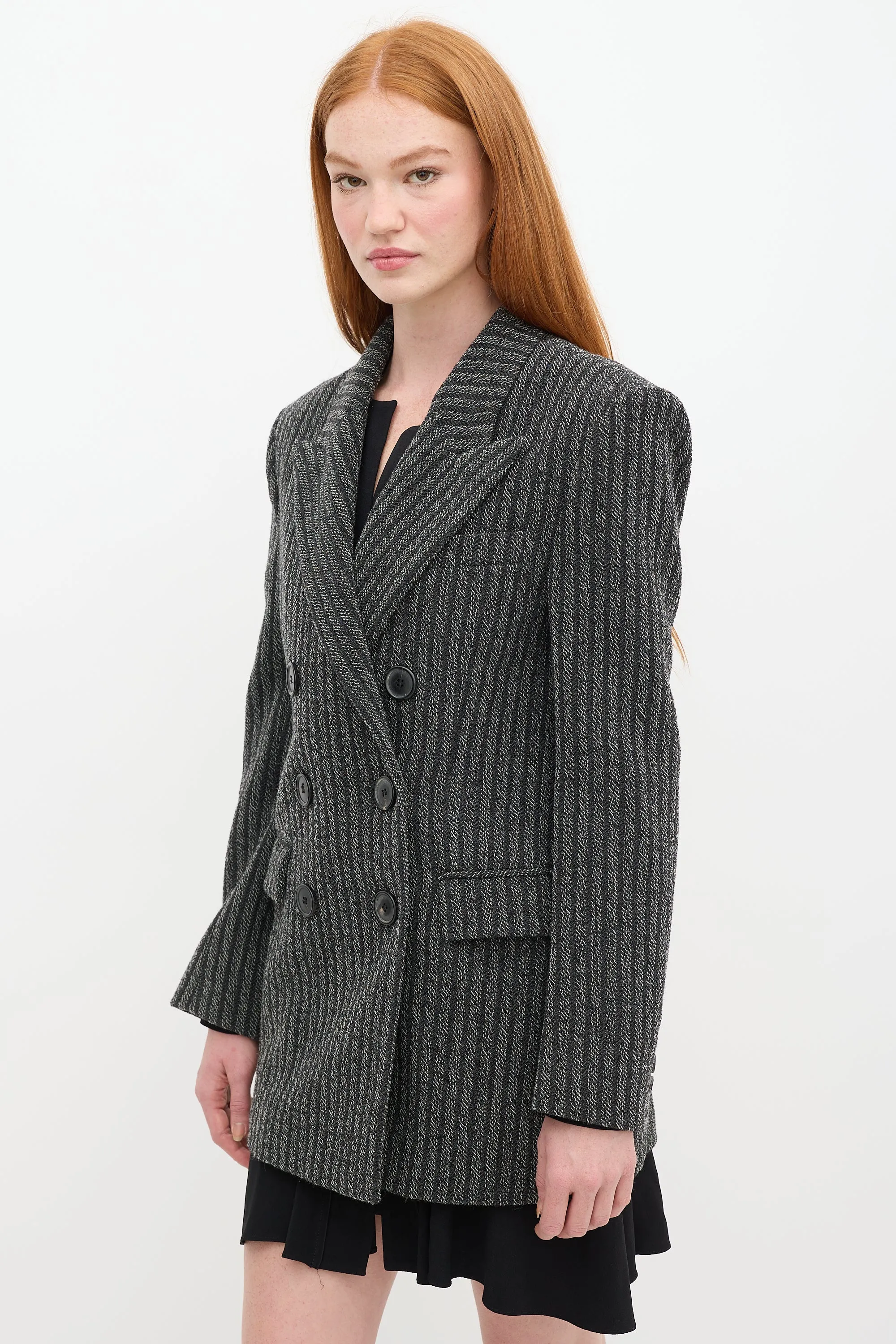 Grey & White Wool Striped Blazer