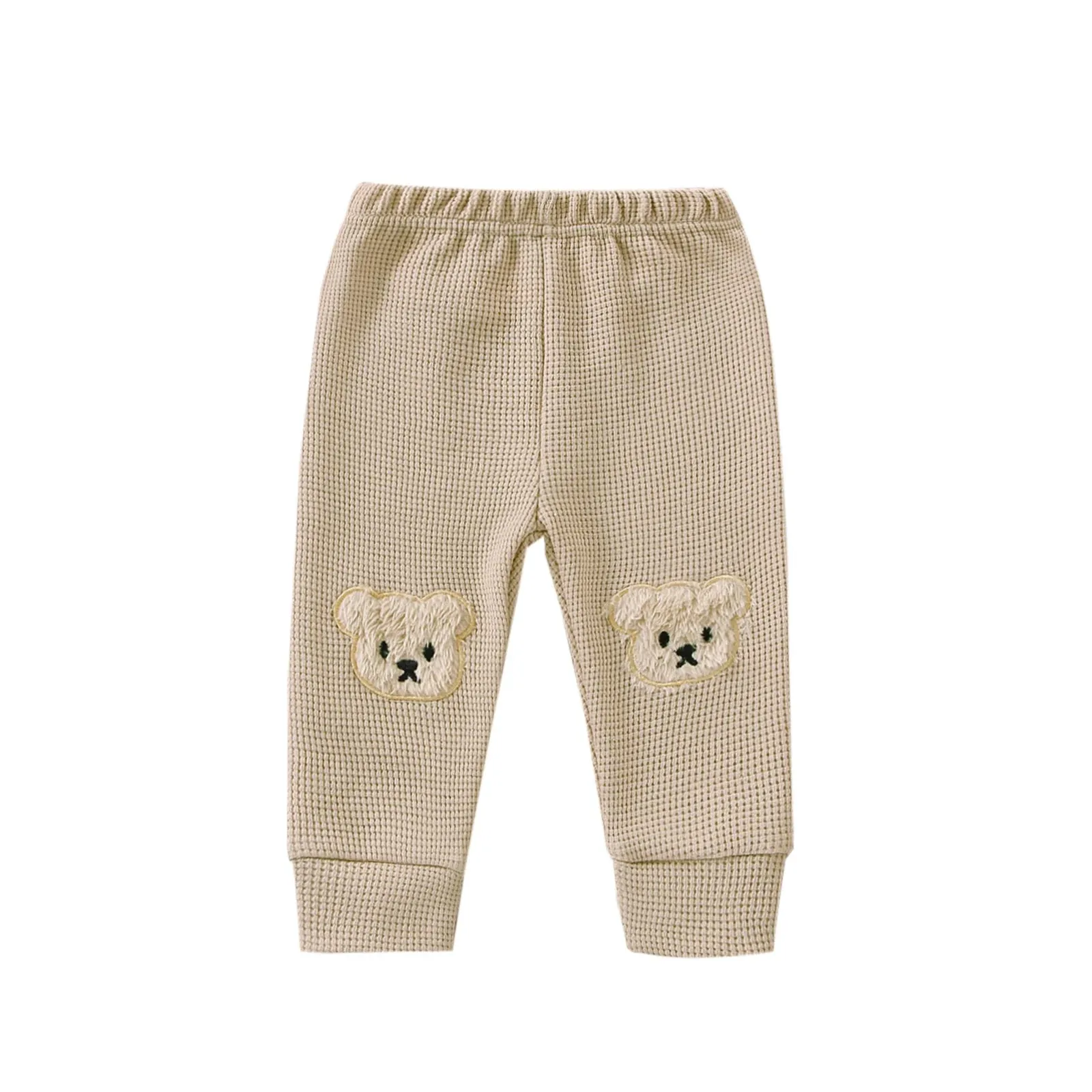 Infant Baby Girls Boys Pants, Cartoon Bear Applique Elastic Waist Trousers, Waffle-Knit Casual Pants for Toddlers, 0-3 Years