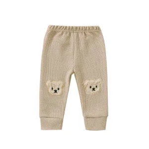 Infant Baby Girls Boys Pants, Cartoon Bear Applique Elastic Waist Trousers, Waffle-Knit Casual Pants for Toddlers, 0-3 Years