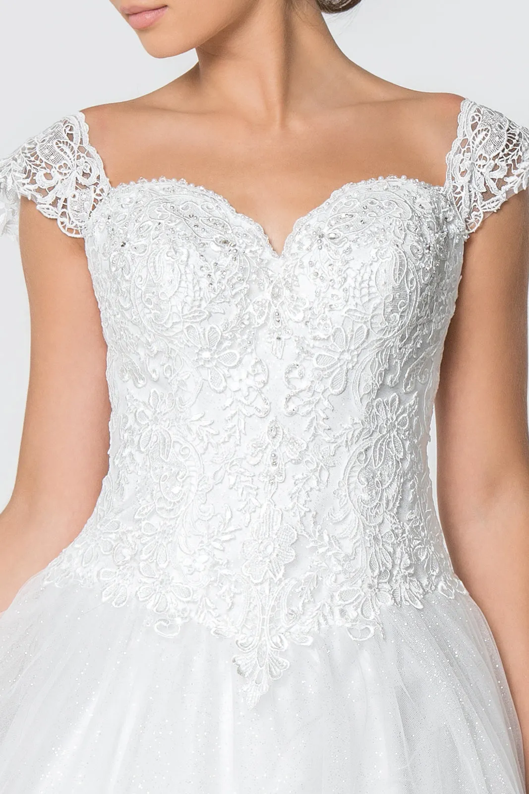 Jewel and Lace Embellished Glitter Mesh Long Wedding Dress GLGL2817