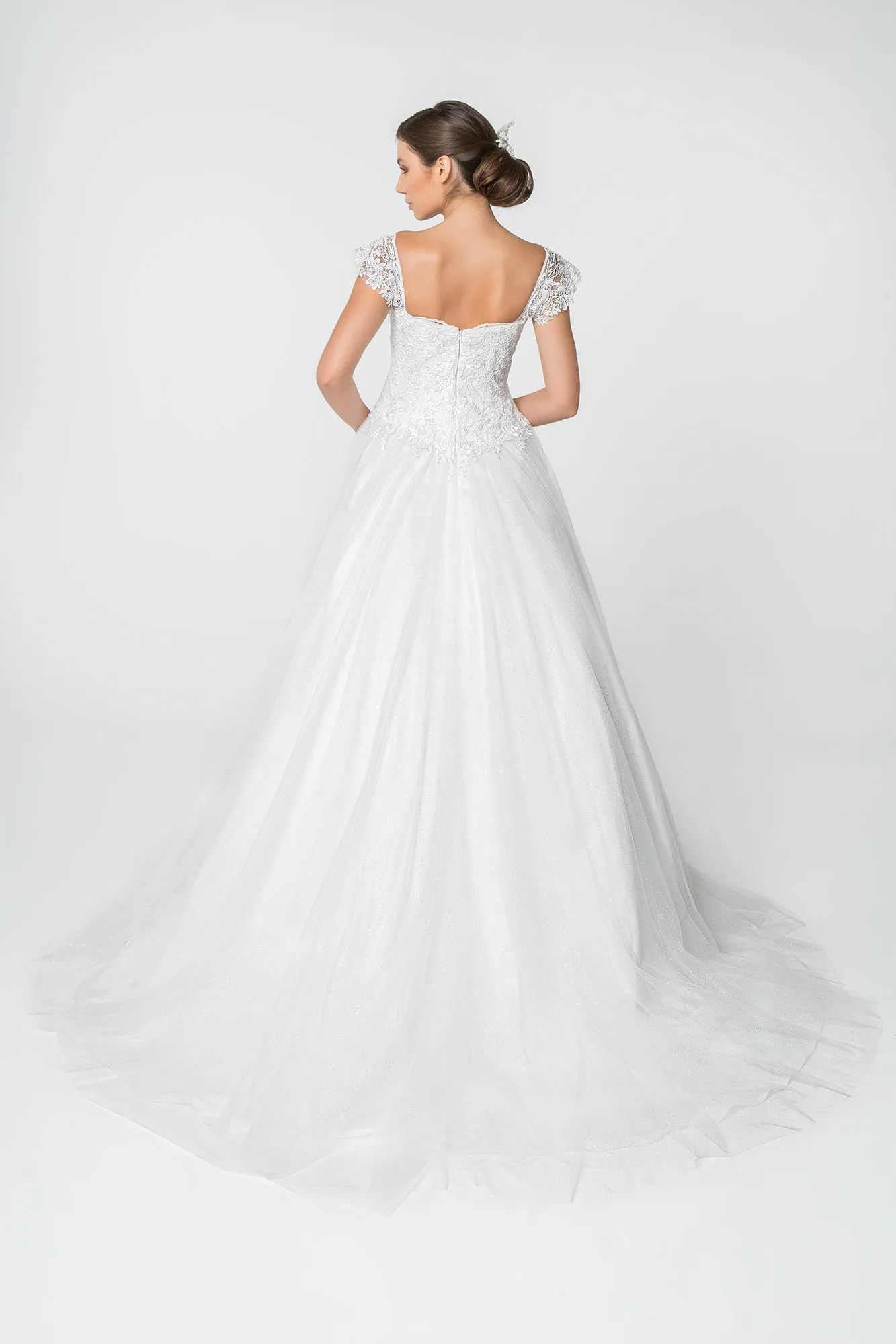 Jewel and Lace Embellished Glitter Mesh Long Wedding Dress GLGL2817